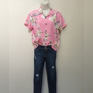 MCedar Girls Sz 13/14 Floral Short Sleeve Button Up Blouse Pink